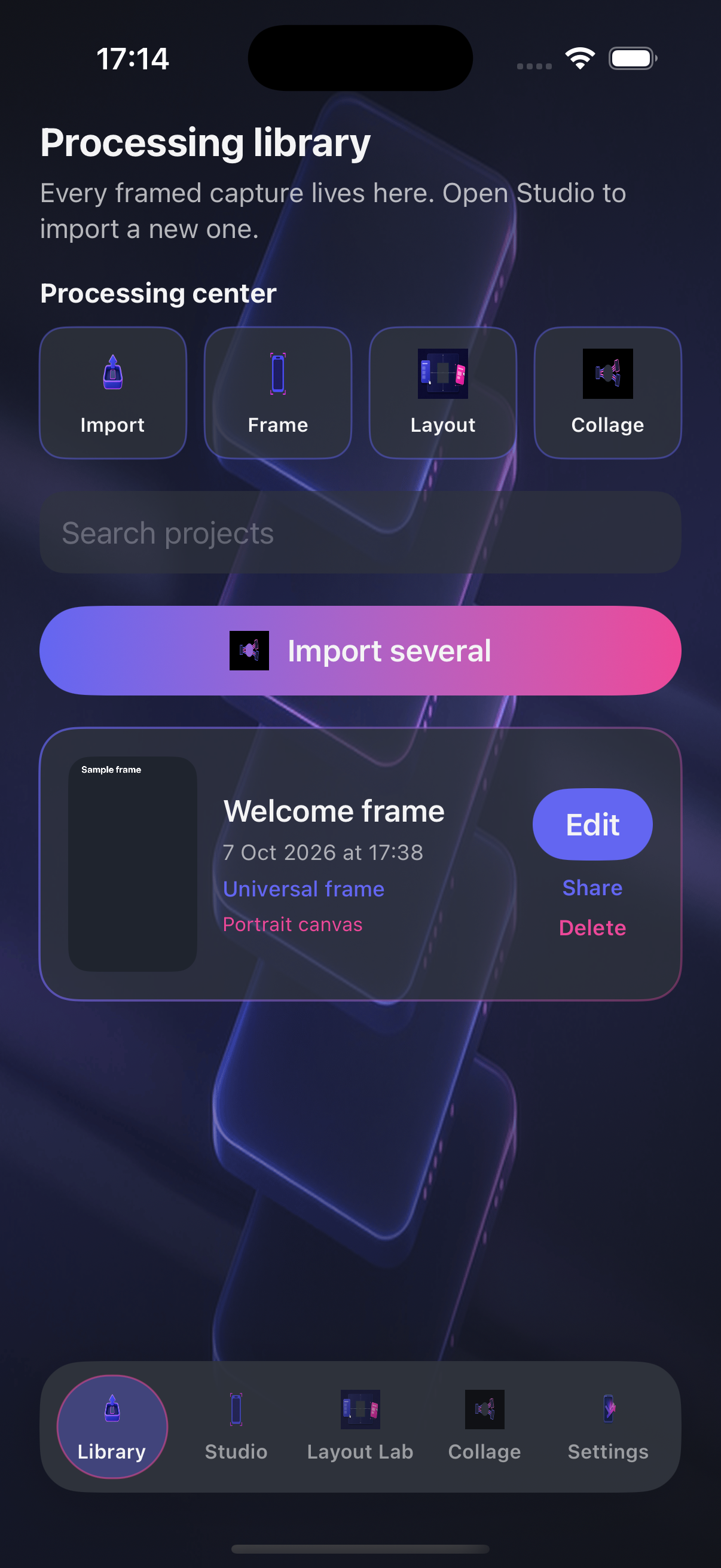 Library home with project list